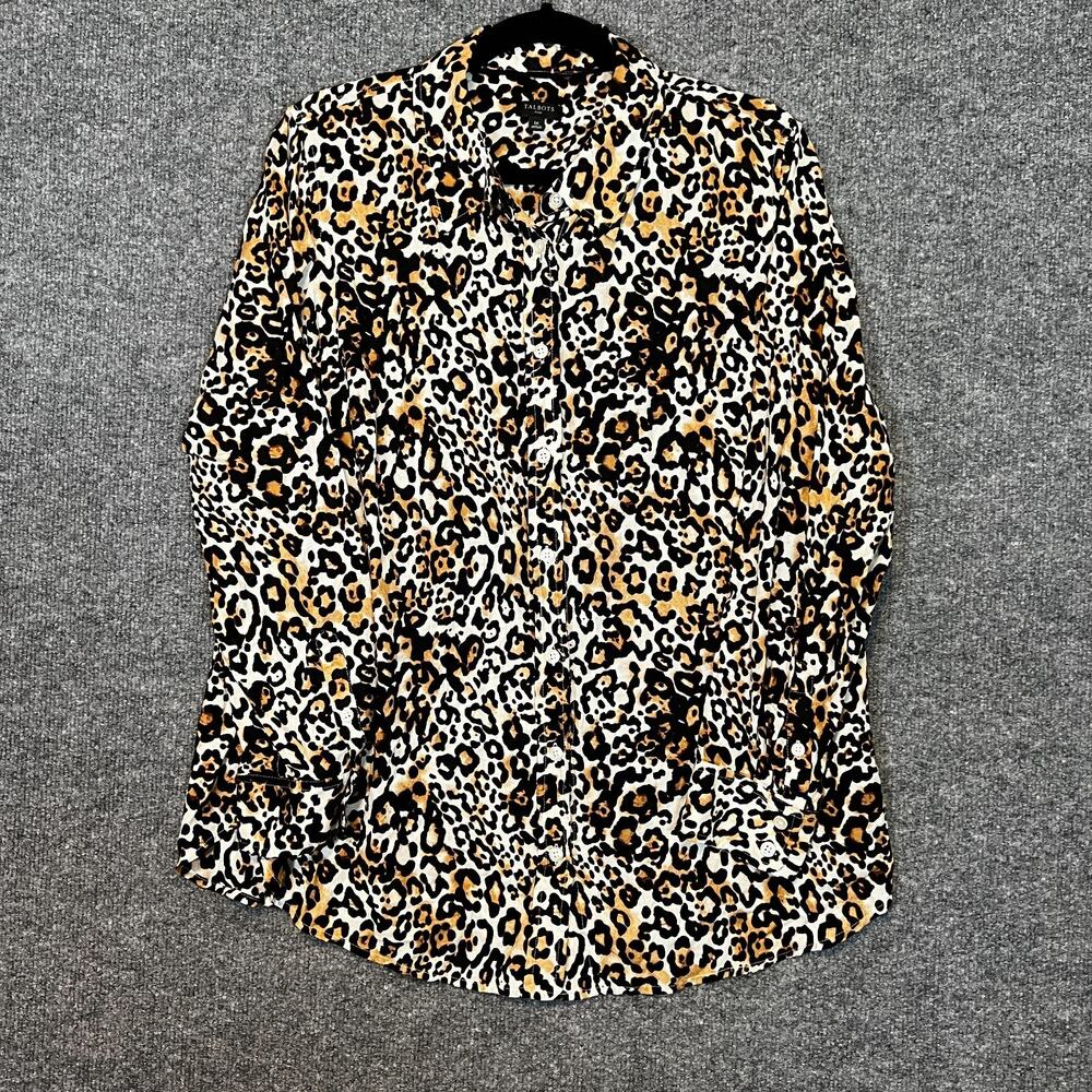 Talbots Shirt Womens 1X Brown Cheetah Print Blouse Button Up Chambray Plus‎ Size